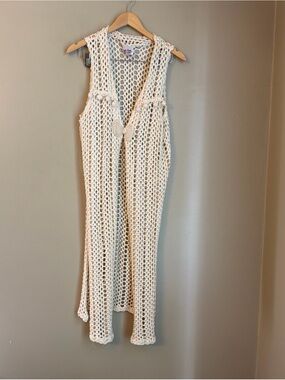 Vtg Top Line Cream Cardigan Vest Sleeveless Beach Bohemian Festival Open Weave